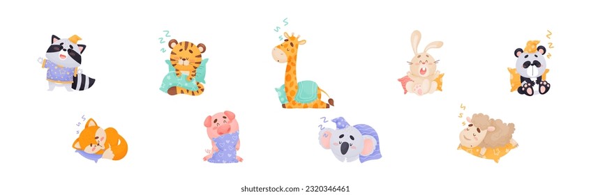 Cute Sleepy Animals Yawning and Sleeping in Nightcap with Pillow Vector Set