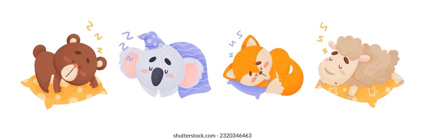 Cute Sleepy Animals Yawning and Sleeping in Nightcap with Pillow Vector Set