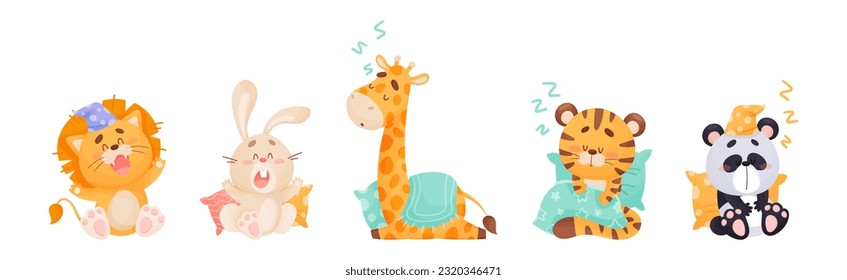 Cute Sleepy Animals Yawning and Sleeping in Nightcap with Pillow Vector Set