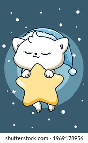 Cute sleepy baby cat with star at the night cartoon illustration