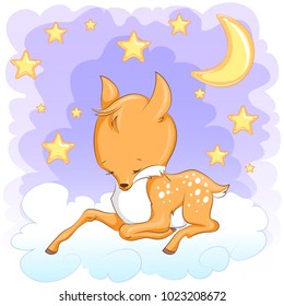 Cute sleepy baby deer in the sky with moon and stars. It can be used for baby t-shirt design, fashion print, greeting card, poster, design element 