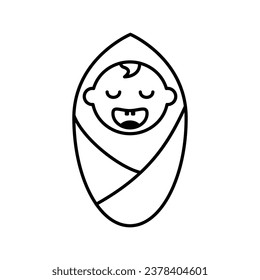 Cute sleepy baby in diaper icon. Cheerful sleeping child wrapped in cocoon with black vector blanket