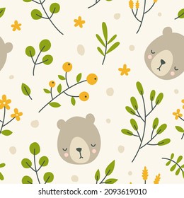 Cute sleepy bear head and plants baby pattern. Seamless vector print for fabric, textile, apparel, wrapping paper, nursery.