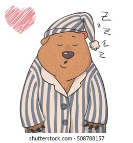 cute sleepy bear in a pajama isolated on white background. cartoon vector children's illustration