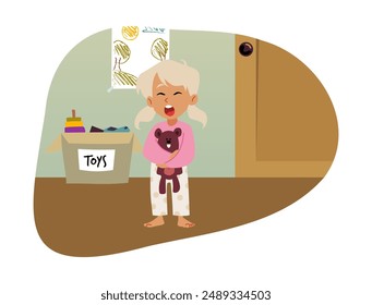 Cute sleepy blond girl wearing pajamas holding teddy bear toy and yawning vector flat illustration. Cartoon little kid awakening in morning or bedtime in nursery room. Funny child in home clothes