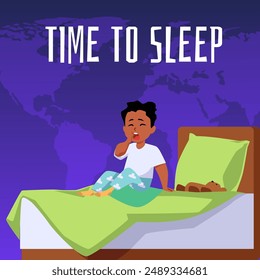 Cute sleepy boy in pajamas sitting on the bed, stretching and yawning vector flat illustration. Cartoon little kid waking up in the morning or bedtime. Time to sleep poster with world map