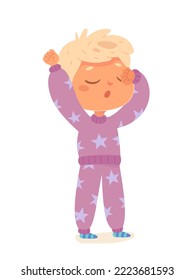 Cute sleepy boy in pajamas yawning vector illustration. Cartoon isolated little kid waking up in morning after sleeping in bed at night, funny child in home clothes with stars stretching in bedroom