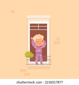 Cute sleepy boy standing on house balcony with open window to yawn and breathe fresh air vector illustration. Cartoon child in pajamas stretching, waking up in morning after sleeping at home bed