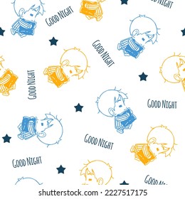 Cute Sleepy Boys Vector Graphic Line Art Seamless Pattern can be use for background and apparel design