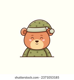 Cute sleepy brown bear in pink pajama and night cap in cartoon style. Vector flat illustration