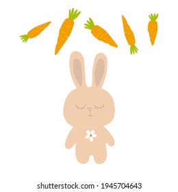 A cute sleepy bunny in pastel colors, who dreams of a carrot delicacy. Easter bunny and carrot isolated on white background. Vector graphics.