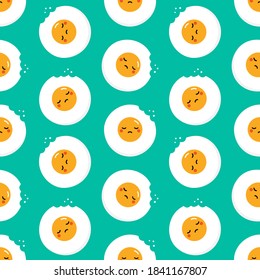 Cute sleepy cartoon style fried eggs characters with bite marks for breakfast design.