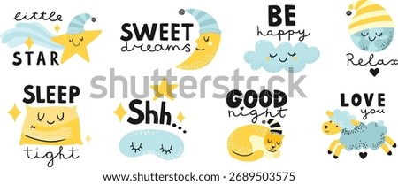 Cute sleepy characters stickers. Sleeping characters and text, sleep prints for bed time. Sweet dreams, good night, shh, relax, love you, sleep tight lettering set. 