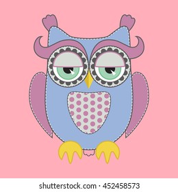 Cute sleepy childish owl flat vector bird