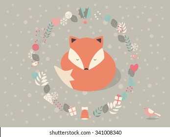 Cute sleepy Christmas fox surrounded with floral decoration, vector illustration