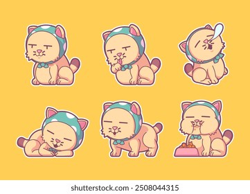 Cute Sleepy Chubby Cat Flat Art Vector