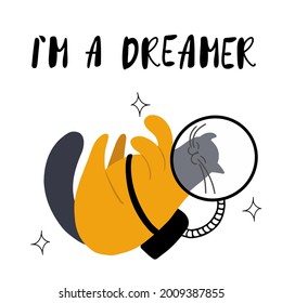 Cute sleepy doodle cat in spacesuit with hand drawn lettering - I'm a dreamer. Flat design vector illustration isolated on white background