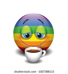 Cute sleepy emoticon drinking coffee, emoji, smiley - vector illustration