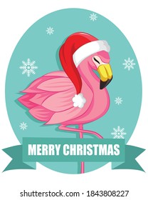 Cute Sleepy Flamingo with Santa Hat. Greeting christmas card.