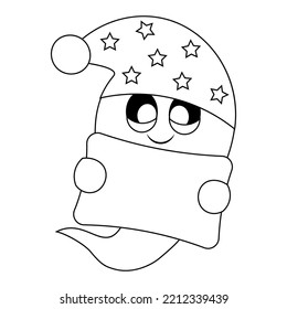 Cute sleepy Ghost with pillow. Draw illustration in black and white
