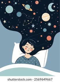 Cute sleepy girl lying in bed under duvet. Woman universe space in hair Vector graphics nighttime rest Flat design 