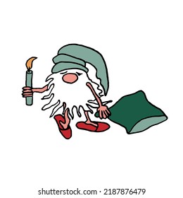 Cute sleepy gnome with a candle and a pillow, drawn in the style of doodles. Vector illustration.