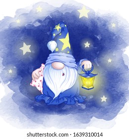 Cute sleepy gnome in a hat with asterisks and with a flashlight in his hands goes to sleep. Cartoon vector character. Watercolor night texture background with stars.