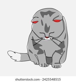 lindo gato gris adormilado. dibujo continuo de una línea con color. trazo editable. animal, mascota, concepto de dormir. ilustración vectorial.