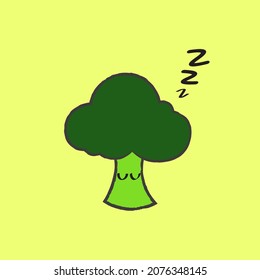 A Cute Sleepy Hand Drawn Broccoli - Amazing cute minimalist vector character in sleeping pose suitable for app, sticker, children book, decoration, animation, design assets and illustration in general