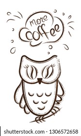 Cute sleepy hand drawn owl with eyes from coffee beans with lettering «more coffee» on white background. I love coffee vector concept. 