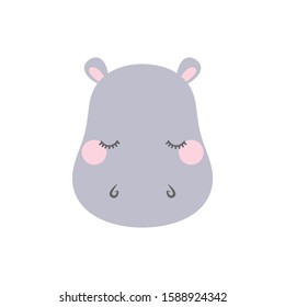 Cute sleepy hippo. Cartoon vector illustration in flat style