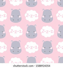Cute sleepy hippo. Seamless vector pattern in flat style