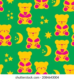 Cute sleepy kawaii bears, stars moon vector seamless pattern background. Tropical color backdrop with pink orange teddy bear and celestial shapes. Cartoon characters for sleeping well, babies, kids