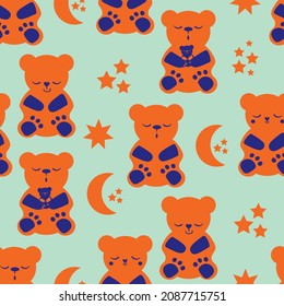 Cute sleepy kawaii bears, stars moon vector seamless pattern background. Neon orange, indigo blue backdrop with teddy bear and celestial shapes. Cartoon characters for sleeping well, babies, kids