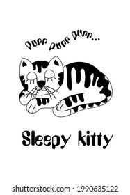 Cute sleepy kitty purring, a cute cat asleep card, peaceful attitude, a black and white cat with stripes, flat illustration, a lovely cat character, a good night card 