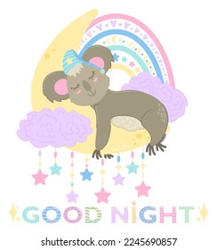 cute sleepy koala. fluffy animal sleeps on the moon. good night baby. children print