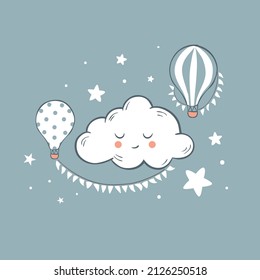 Cute sleepy little cloud in the sky with pretty balloons and white stars. Baby boy illustration on blue background. Good night postcard for sweet baby.