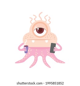 Cute and sleepy monster drinking coffee. Vector illustration. Character