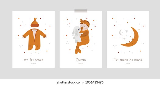 Cute sleepy newborn child. Baby milestone cards with cartoon characters for newborn girl or boy. Nursery prints in boho style. Baby month anniversary card. Baby shower print for first year of life. 