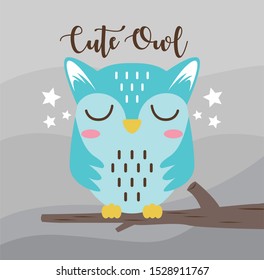 Cute Sleepy Owl Blue on tree design on grey background, good for icon, mascot, card, banner, poster, print and other uses.