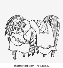 Cute sleepy owl cartoon bird character line sketch. Hand drawn vector illustration for t-shirt print design, coloring book, greeting card. Isolated on white