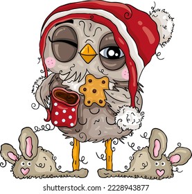 Cute sleepy owl drinking coffee and eating a cookie