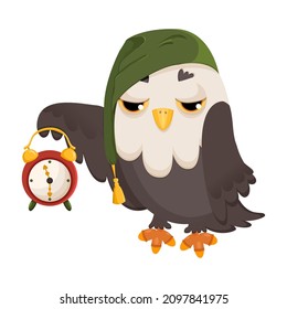 Cute sleepy owl in a hat for sleeping with a watch. Vector cartoon clipart isolated on a white background.