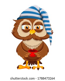 Cute sleepy owl holding a cup of coffee. Funny owl cartoon character. Vector illustration on white background