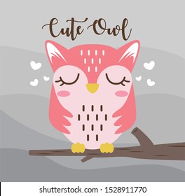 Cute Sleepy Owl Pink on tree design on grey background, good for icon, mascot, card, banner, poster, print and other uses.