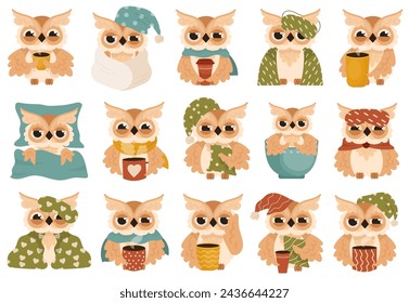 Cute sleepy owls cartoon character holding coffee or tea cup, wrapped in blanket, lying in bed. Childish doodle wild forest predator bird bulging eyes, pretty smart owlet suffering from sleeplessness