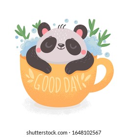 Cute sleepy panda in cup with bamboo. Relax in cup. Kids print. Cartoon vector illustration