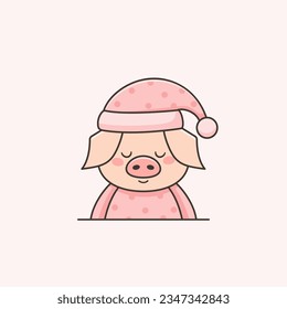 Cute sleepy pig in pink pajama and night cap in cartoon style. Vector flat illustration