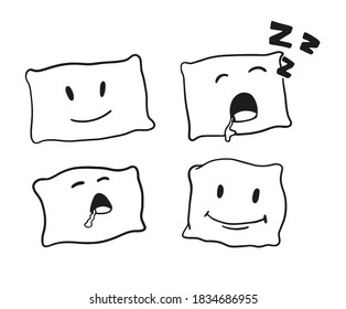 Cute sleepy pillow. Set of vector cartoon character in hand drawing style. Isolated on white background