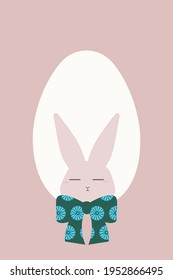 Cute sleepy rabbit with a floral bow. Easter egg. Vector illustration.